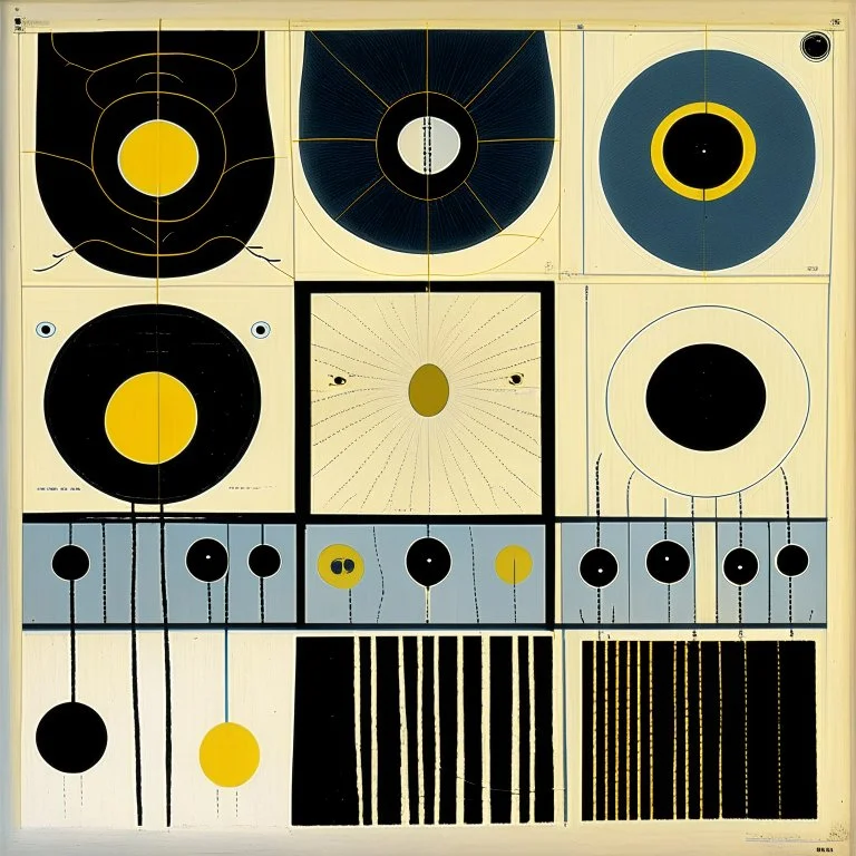 Lined up nightmare prospects, abstract surrealism, by Squeak Carnwath and Arthur Secunda, silkscreened mind-bending illustration; album cover art, asymmetric, Braille language glyphs, Away, off-set rule of thirds, guided by N(t)=N0⋅e−kt
