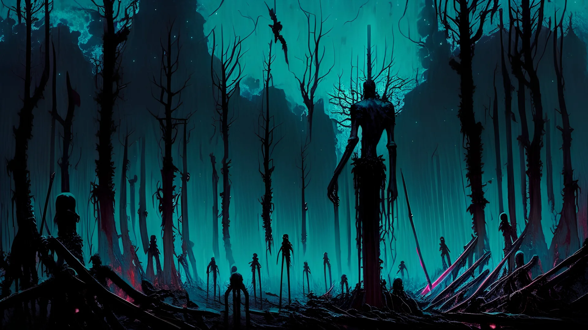 Bodies impaled on large pikes ((vlad))in a dark forest, scorched earth, Dark gothic art, dystopian surrealism painting by Denis Sarazhin, Simon Stålenhag, sinister sky, Alexey Egorov, Zdzisław Beksiński, unsettling, nightmarish, grim and early ominous, Neon cosmic analog horror, nightmarefuel, harsh post apocalyptic landscape, nuclear winter, vhs analog horror aesthetic, hazy, gloomy, calotype, apocalypse art, epic cinematic sco-fi horror by