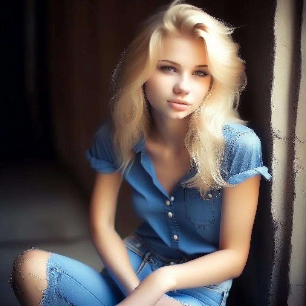 pretty girl, young adult, blonde, conventionally attractive, dreamy, jeans, tight top, sexy