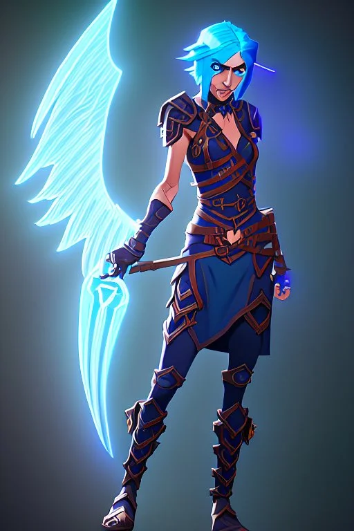 a person in runic armor with blue wings, blue short hair, runic tattoo and spell book