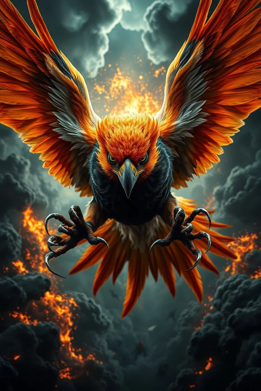 Create a ultra high definition and photorealistic image, 12k quality of a beautiful phoenix, majestic and strength showing, emphasis on texturized claws, upclose with a front view flying towards the camera, centre of an explosive and chaotic background scene of Armageddon where he is followed by demon like dark clouds in persuit trying to grab him, phoenix has striking eyes and determined look, majestic wings folded inwards in flight, bright auburn, black, white, grey and yellow colours, gothic