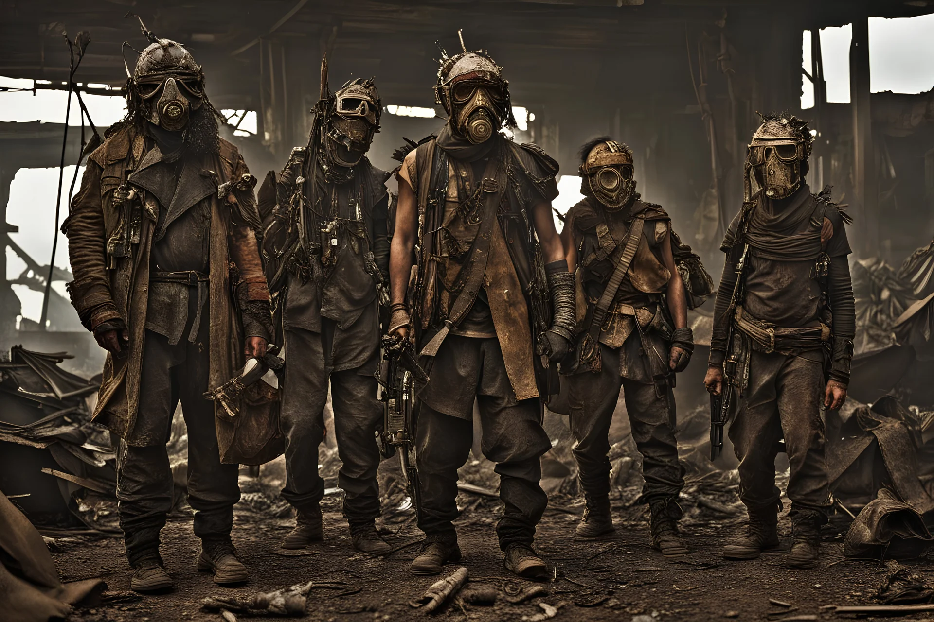 movie scene: in a post apocalyptic future: people search the remains of civilization for remnants of civilization, their clothes are made of garbage and are improvised. they wear improvised ((very detailed)) masks for protection. The costumes are very detailed and made of garbage, metal parts, scrap metal, belts, bags, car parts, spikes, They are armed and look very dangerous. all is broken, extremely used, burnt, dangerous and rusty. The mood is very gloomy, dystopian and depressive.