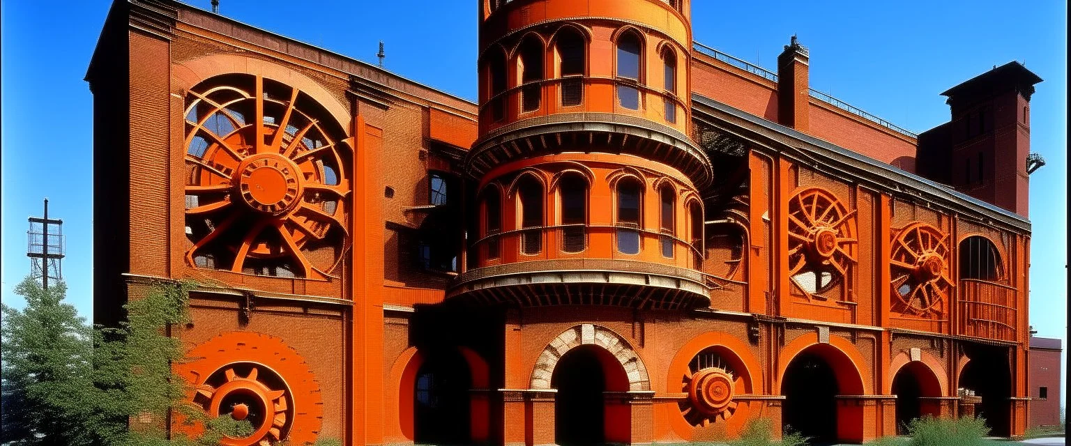 An orange colored ferro factory with gears painted by Frank Lloyd Wright