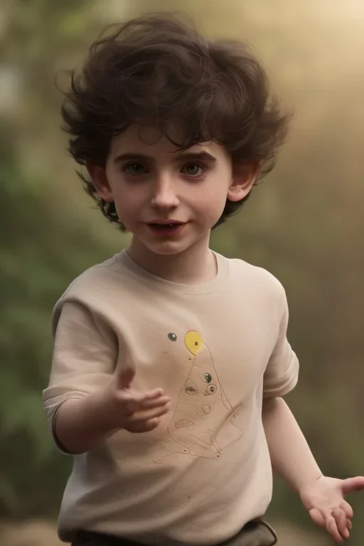 Timothee chalamet toddler, full body, jump, bokeh, hyper realistic