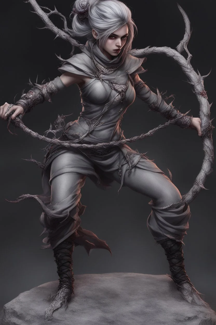 female gray skin, Shadar-Kai wielding a Whip made out of black thorns, clothes with a dark rose theme