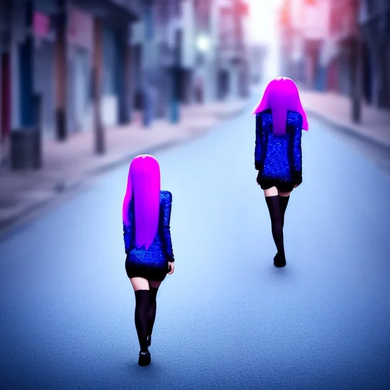 Beautiful lonely girl who walks along a street without people at dawn. You see her from behind. She is very short blue dressed. She has long pink hair with glowing crystals. Full body, 8k resolution concept art. Professional Photo HD. Stylish. Warm vivid colors. Panoramic