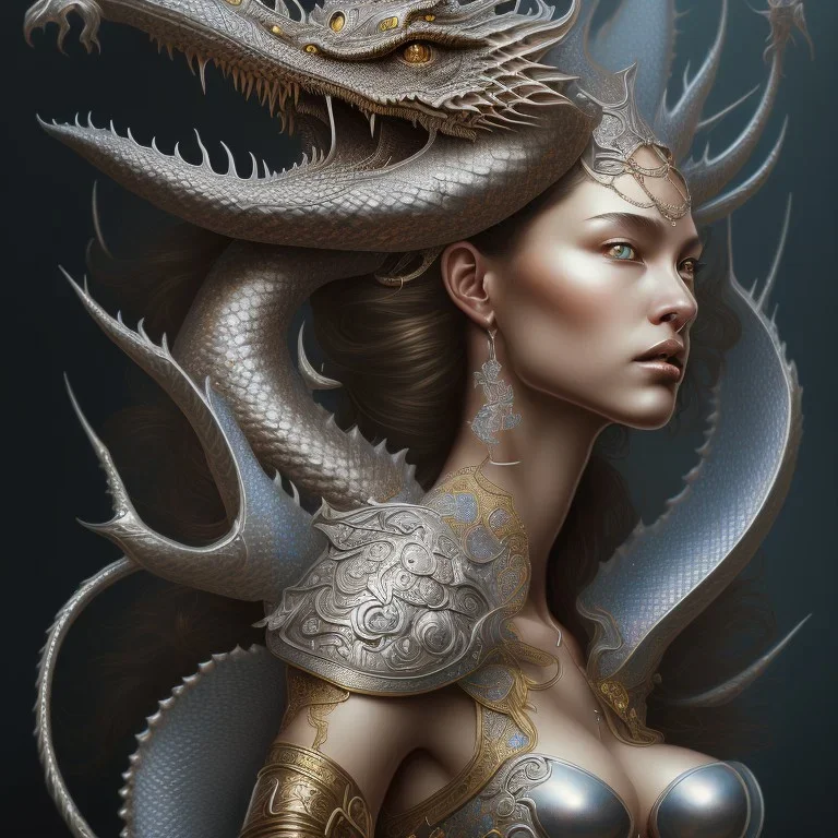 sango fantasy, fantasy magic, intricate, sharp focus, illustration, highly detailed, digital painting, concept art, matte, artgerm and paul lewin and kehinde wiley, masterpiece silver dragon head golden Asian nice breast Afo woman black waves