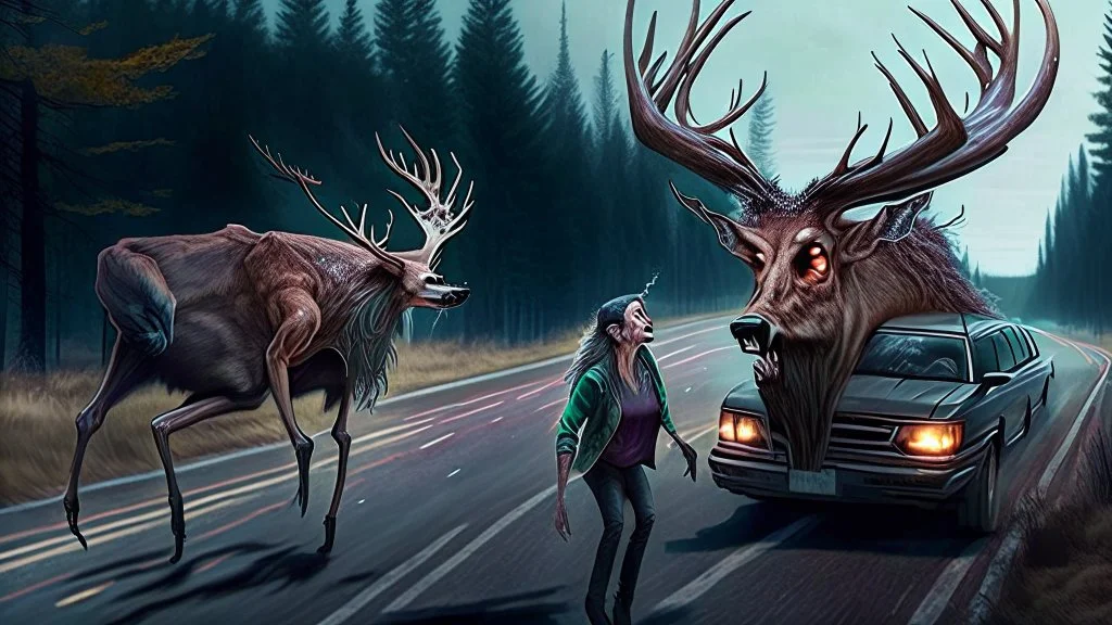 the deceased deer resurrects as an evil lovecraftian deerchad and chases an older drunk lady down the I90 highway