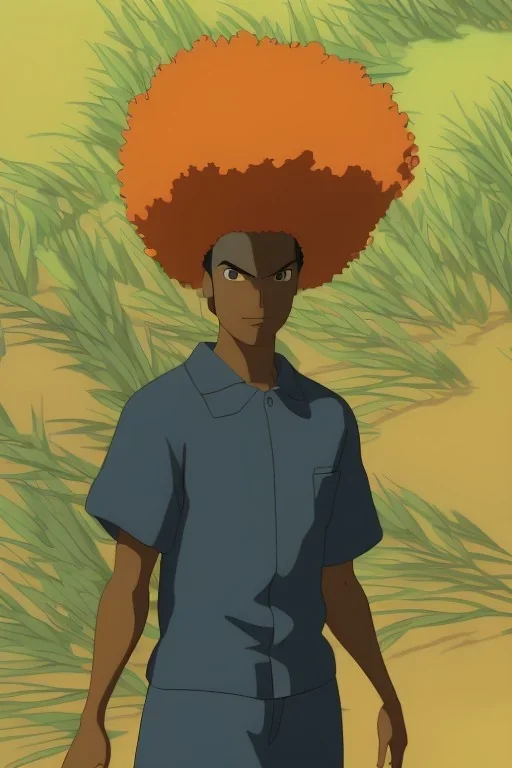 3D render of a cyberpunk tribal young black man, black afro hair, ragged shirt, on a orange dune background, digital art