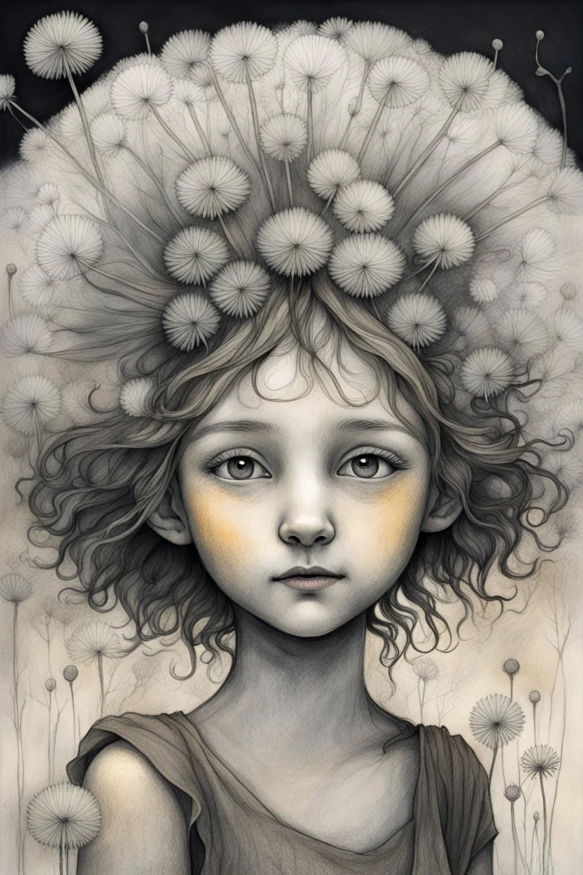 pencil and charcoal sketch of a cute happy little dandelion fairy girl, Mucha inspired emotional nature ephemeral sculptures of Andy Goldsworthy, tiny human form, essence captured as if created by surrealist photographer Noel S Osvald rendered in bright ombre colors, mixed with influences by John Bauer and Tim Burton, faded dark grey background, minimalistic art, with details that reflect advanced rendering techniques that push the drawing's realism even further Modifiers: trending on Artstation