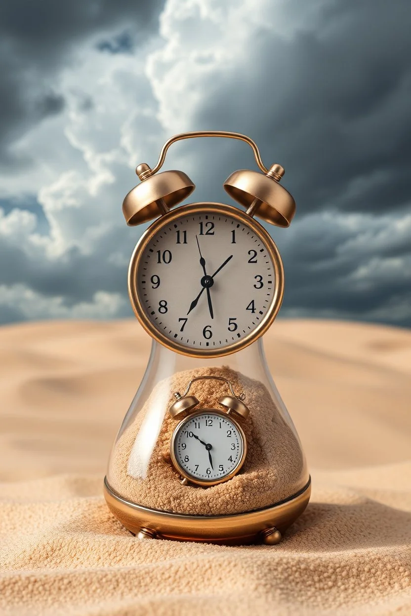 Sands clock with full of small tiny analog alarm clocks and digital clock in the background of cloudy stormy with the universe background look like time within time for eternity , great picture with high resolution and 4k quality