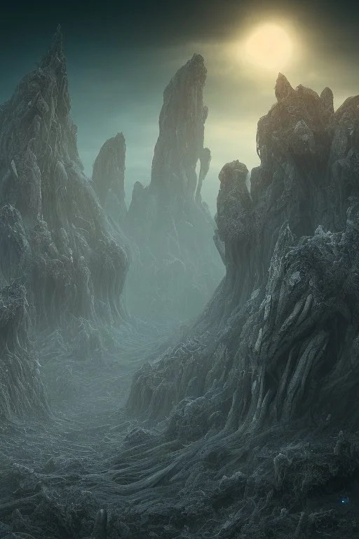 A spooky wasteland 8k, bas-relief, extraterrestrial, ethereal, eerie, with jagged rocks, cinematic 4d