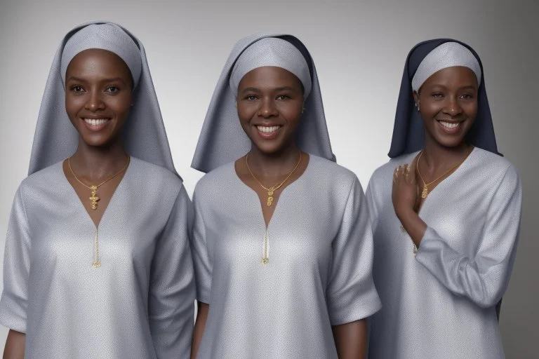 4 suore africane con tunica grigia figura intera sorrisi, visi armoniosi