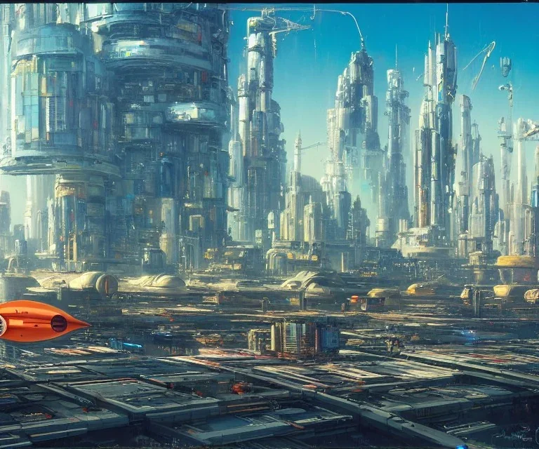 A docked Spaceship in the foreground Spaceport on a heavy industrialized planet, a vibrant city in the background, a docked spaceship in the foreground!!!, art by John Berkey, buildings with glass facades, brutalist architecture, insanely detailed, vibrant, 8k uhd, cinematic atmosphere, ultra-wide angle, street level view, brush strokes, blue sky with clouds, sharp focus