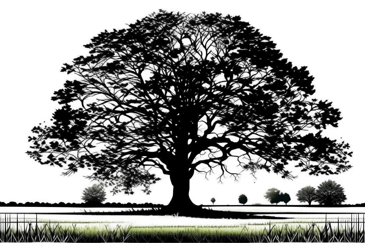 silhouette white background of beatuful scenic picture tree of life in meadow english countryside from a distance scenery painting