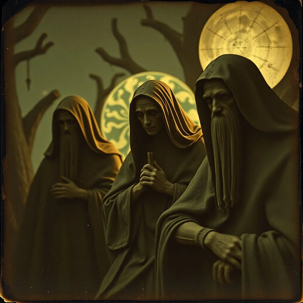 Daguerrotype close up some mysterious figures, odd background, Hieronymus Bosch Max Ernst ambient light, by Minicavio Quollati and Marlost Endgulp, Amano, Botticelli, Alphonse Mucha