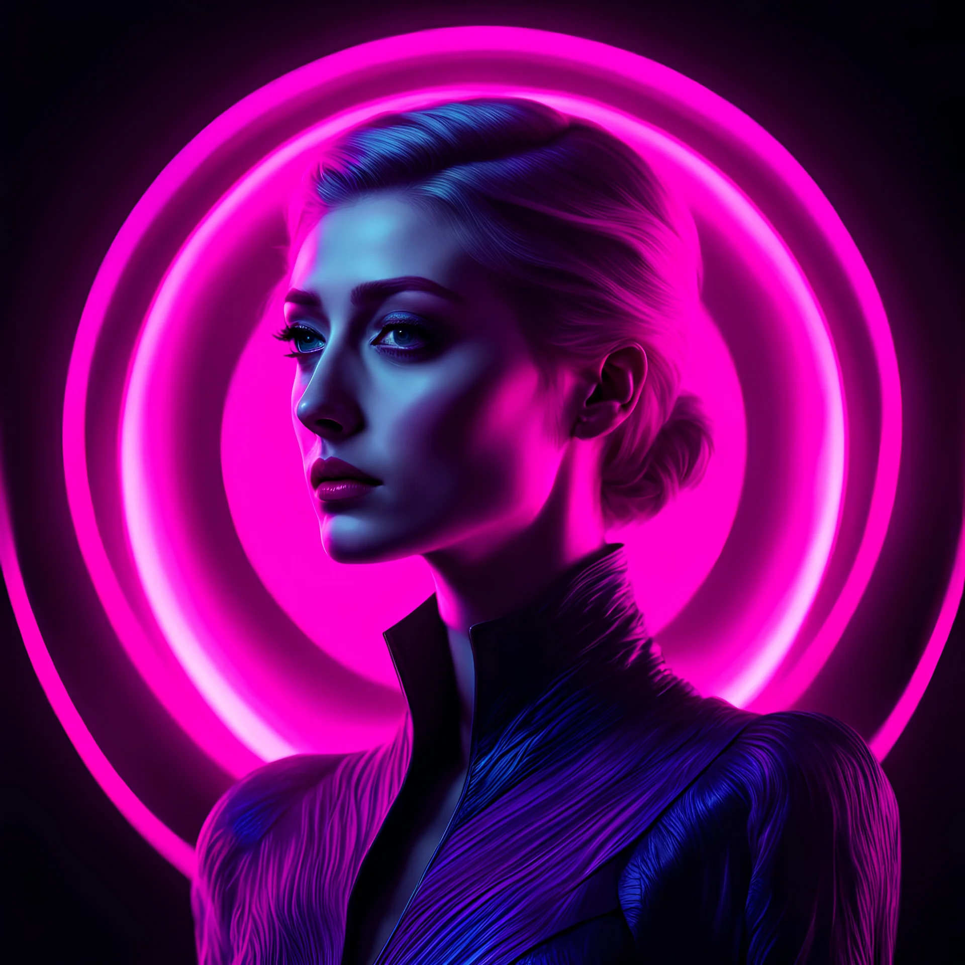 ((young woman elizabeth debicki)), dark background, blacklight, mid shot, full body, somber expression, looking down, dark energy, vibrant magenta, portal to another world, flat color, flat shading, ultra realistic, highres, superb, 8k wallpaper, extremely detailed, intricate, limited palette, pink,