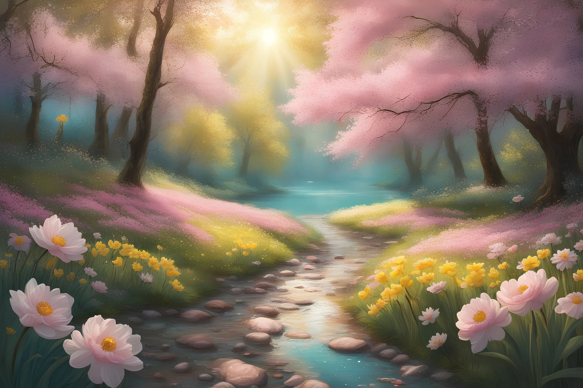 in a forest where the trees have pink flowers, cherry trees, there is a path of small golden stones, on the sides of yellow daffodils and white daisies, and peonies in the foreground , and in the distance there are swans on a turquoise river. There are a few pink flower petals on the way Rays of sunlight light up the forest, there are fireflies everywhere. Very magical and delicate atmosphere. HD .Intense colors. Realistic picture. HD 8k