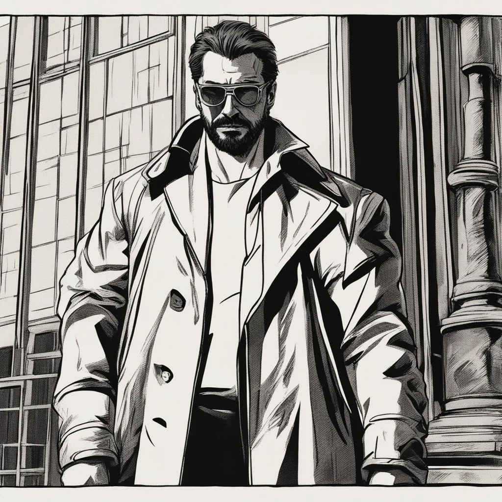 a young man with big muscles who looks like hans gruber wearing a heavy coat and red sunglasses staring with a disgusted look on his face