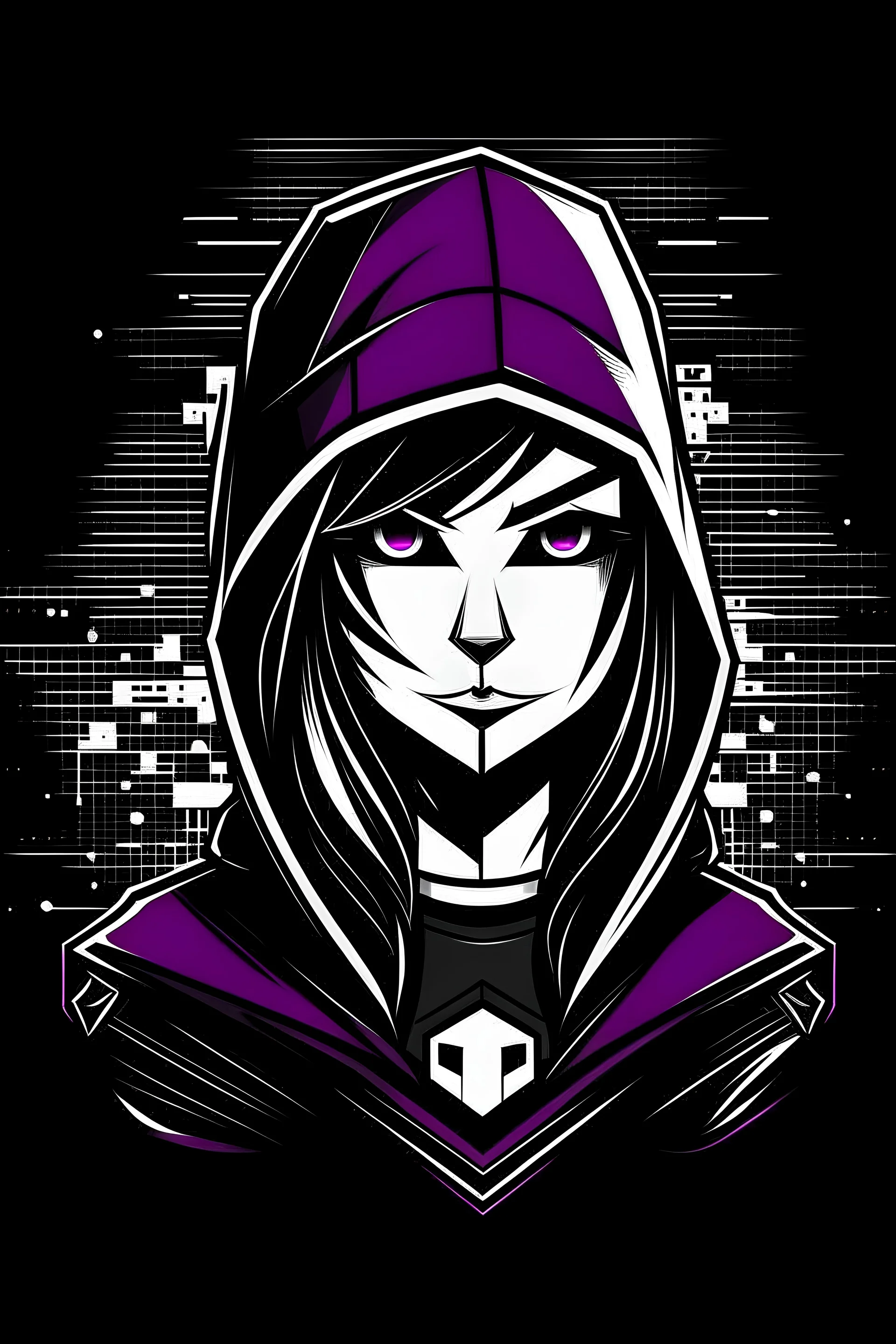 Create a logo of an BOSS GIRL COMPUTER hacker with a BLACK huddie with the face forward, in PURPLE black and white to be used as a logo