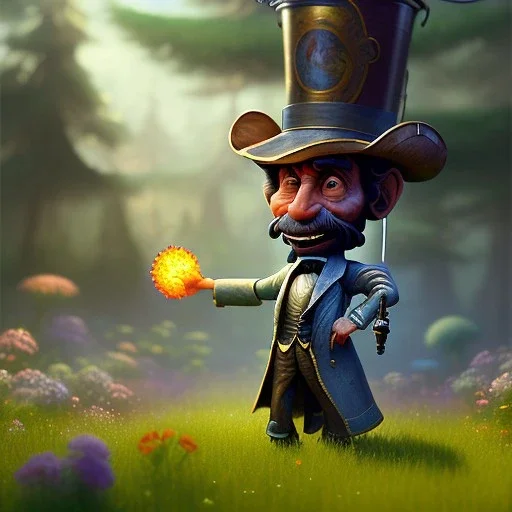 pixar style, volumetric summer garden environment and background, realistic painting of a cute midget abraham lincoln with stovepipe hat, looking excited, volumetric lighting, dramatic lighting, detailed digital painting, anime, ornate, colour-washed colors, elegant, small minutiae, tiny features, particulars, centered, smooth, sharp focus, renderman gofur render, 8k, uhd, detailed eyes