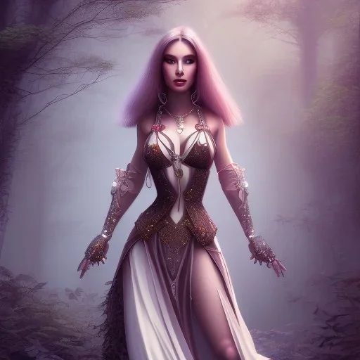 a gorgeous female adventurer in a sensual dress traveling through a fantasy forest