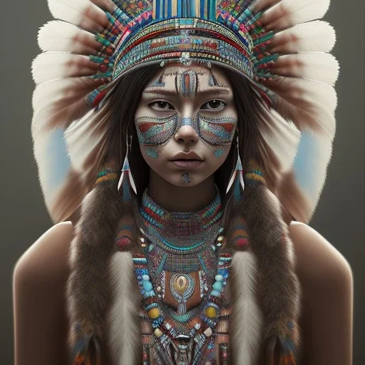 war painted pueblo Indian female,detailed eyes, disturbed expression.intricate detaile,thnically accurate face, intricate head dress,detailed turquoise jewelry, detailed hair, detailed feathers, use dynamic palette, accurate proportions, high contrast black smokey bokeh background.studio ghibli,andrea bonelli, style.