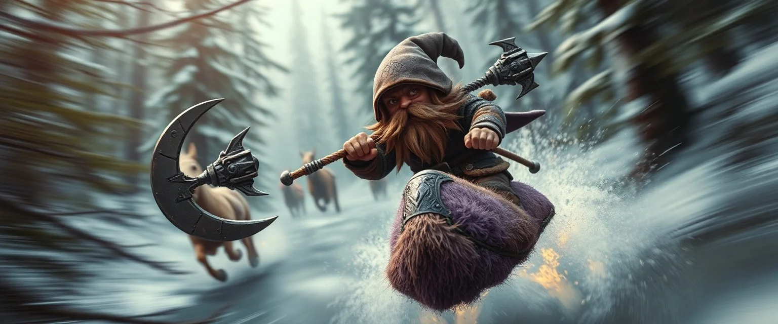 oil painting ,close up motion blur portrait of dwarf thief - Forgotten Realms dodging cyberpunk armored dwarf with war half moon spear hammer with spikes, riding tiny furry brown and purple flying space craft above water and along winding branches in lush icy forest along speeding horses , bokeh like f/0.8, tilt-shift lens 8k, high detail, smooth render, down-light, unreal engine, prize winning