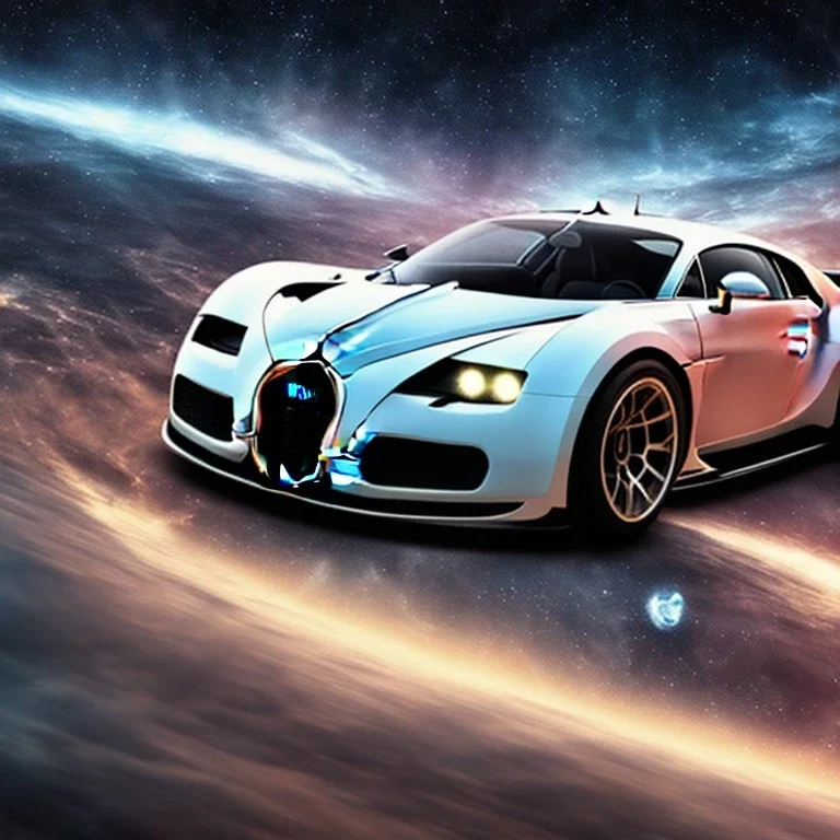 God like, bugatti style car, moving on a silk road through the galaxy