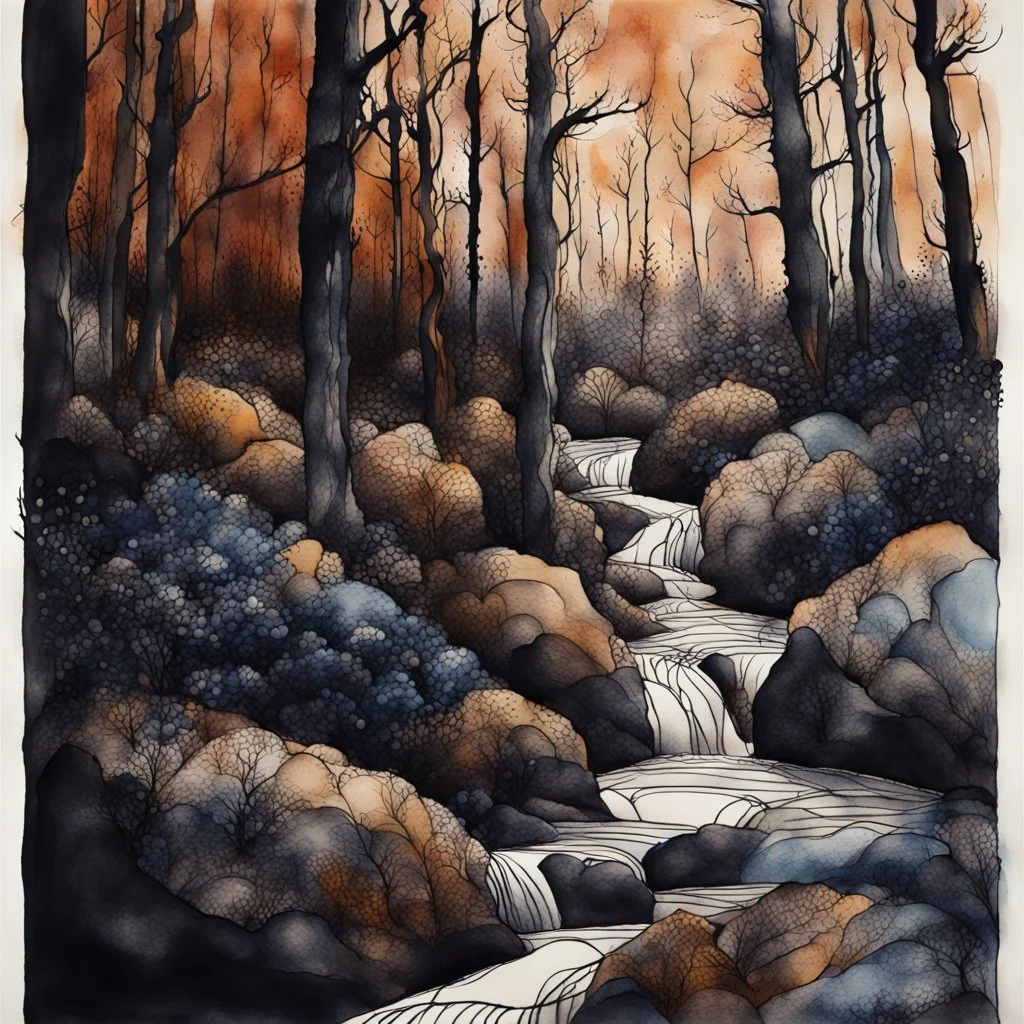 Perchance : Surreal, expressive nature sketch in a relaxed watercolor and ink style. Fast, shaky black ink contour lines with frequent breaks, intersections, and varying thickness. Watercolor washes of ochre, terracotta and powder blue are loosely applied, often deliberately misaligned with ink borders to create a sense of movement. Visible cold pressed paper texture and ample white space. Subject: forest detail, trees, undergrowth, stream with rocks, waterfall. Deep, atmospheric shadows in the