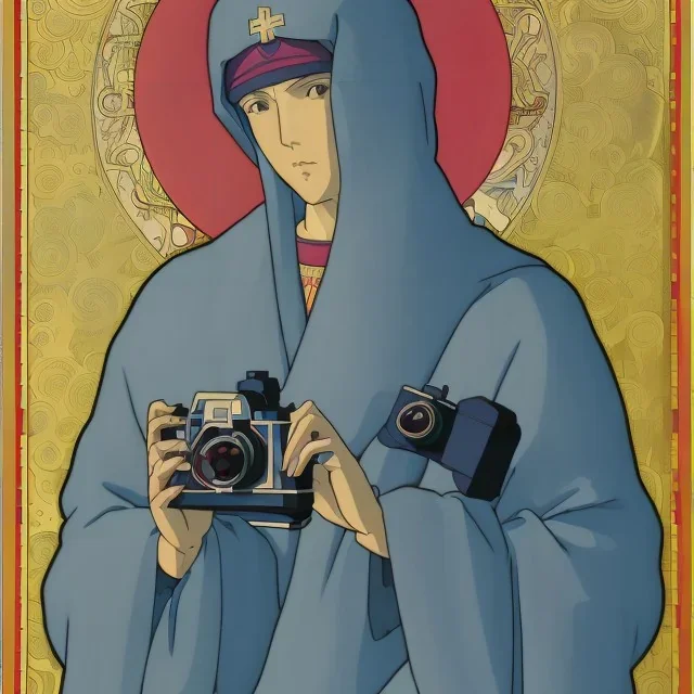 patron of photographers. holding a camera in hands. orthodox icon with saint photographer. Cyrillic inscriptions. hyperdetailed, Alphonse Mucha, Zdzisław Beksiński, poster, illustration, ink, oil on canvas, 18th century atlas