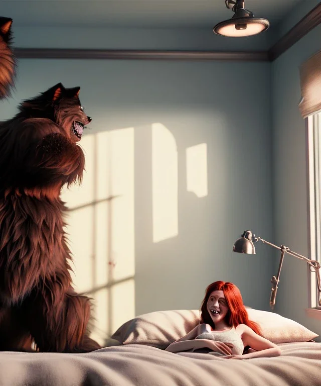 Realistic bedroom scene. big furry monster sitting next to human girl from behind. Wes Anderson style. Red hair, smile, happy, gradient color fog. highly detailed, concept art, unreal engine 5, ray tracing, RTX, lumen lighting, ultra detail, volumetric lighting, 3d, finely drawn, high definition, high resolution.