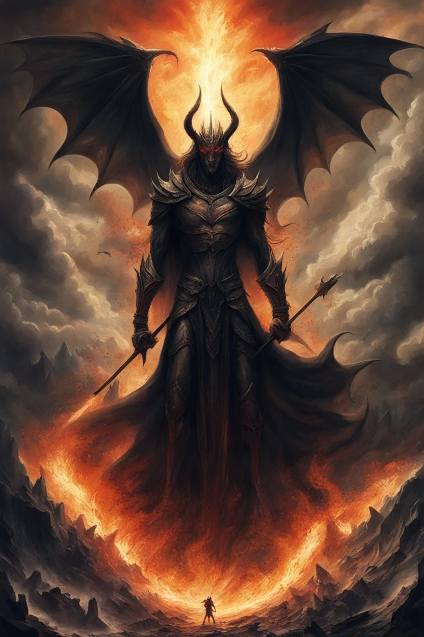 The war of angels and demons in heaven Sauron, the lord of darkness, with the devil and his army, in the land of destruction