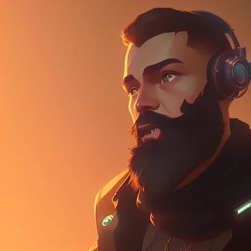 Short Beard Dj Headphones Christian Boshell cinematic photorealistic futuristic style, hints of overwatch and michelangelo, beautiful robot, post-apocalyptic in a cyberpunk city, realistic, intricate detail, sci-fi fantasy style, volumetric lighting, particles ,highly detailed