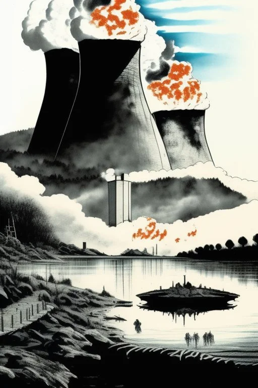a nuke power plant with a lot of smoke in the sky by the river and show many dead fish and some animals are dead j