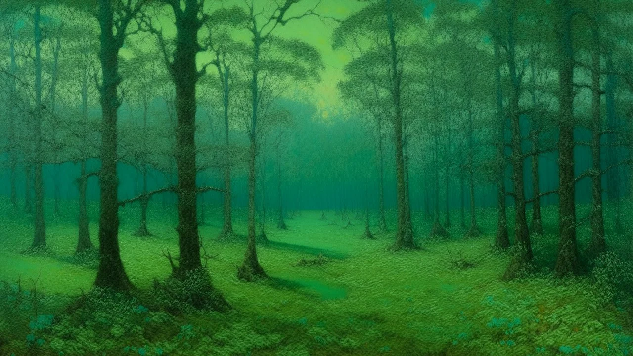 A bluish green forest filled with bugs painted by Birge Harrison