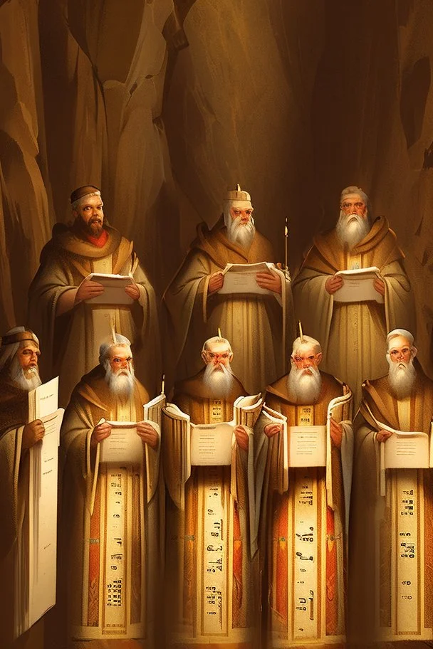 Several Christian priests of the 1st millennium AD are holding Hebrew papyrus scrolls of Holy Scripture in their hands and actively arguing. They are in a cave illuminated from above. The image is in high quality in 8k