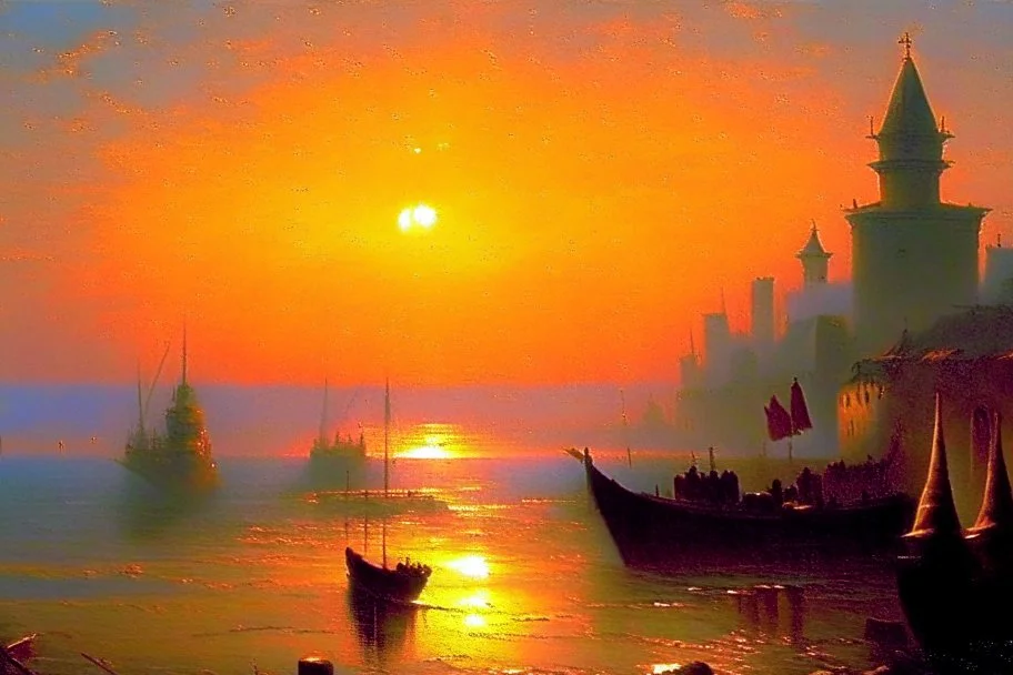 a medieval town by the sea at sunset by artist "Ivan Constantinovich Aivazovsky"