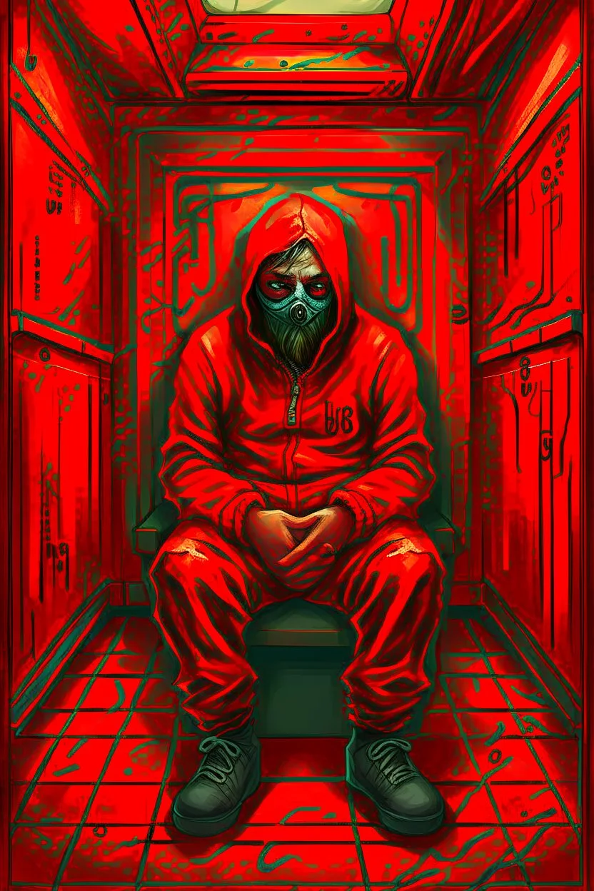 A scary gothic person sits quietly in the middle of a soundproof, padded room conveying intense dramatic emotions in a muted environment, wearing a bright red straitjacket , a mask to cover the mouth area of cannibal evil scary, dark and gothic look, cold eyes, eary ultra detailed,.32k, digital art style with messy paint, hardened sealer appearance, impasto, dramatic Arial view with explosive chaotic background