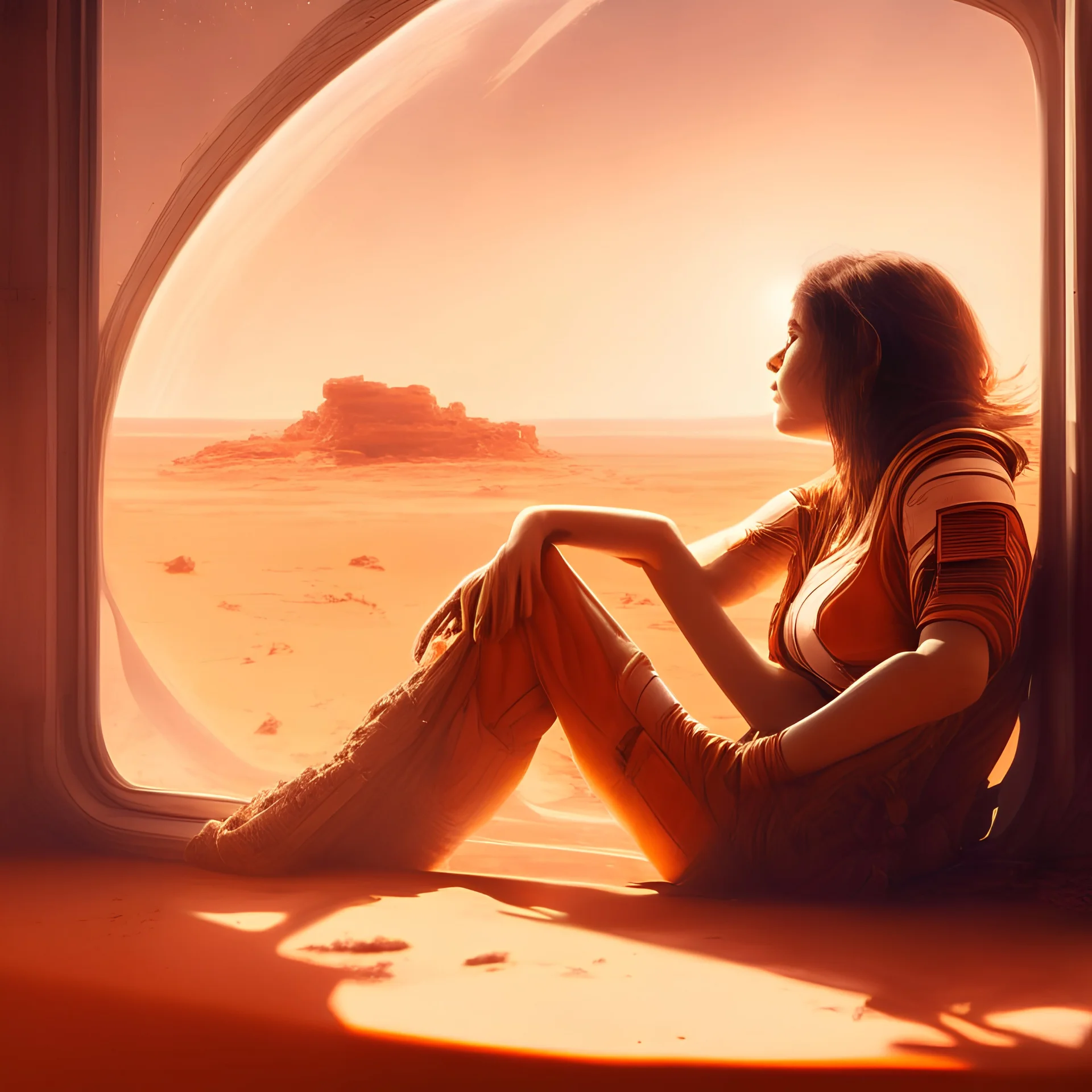 Young woman, sitting in the sun, back, window, on mars