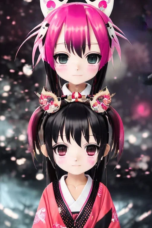 A Cute anime Kunoichi girl, kitsune mask, pink hair buns, pink bangs, traditional black designer kimono, full body art, intricate details, eyes perfectly aligned, full body portrait, red ribbons, slight smile, black constellation motif, windy, concept art, mini tornado stickers, black fishnet wear, highly detailed, digital painting, artstation, concept art, sharp focus, illustration, art by WLOP and greg rutkowski and alphonse mucha and artgerm and yanjun Chen and Junji ito