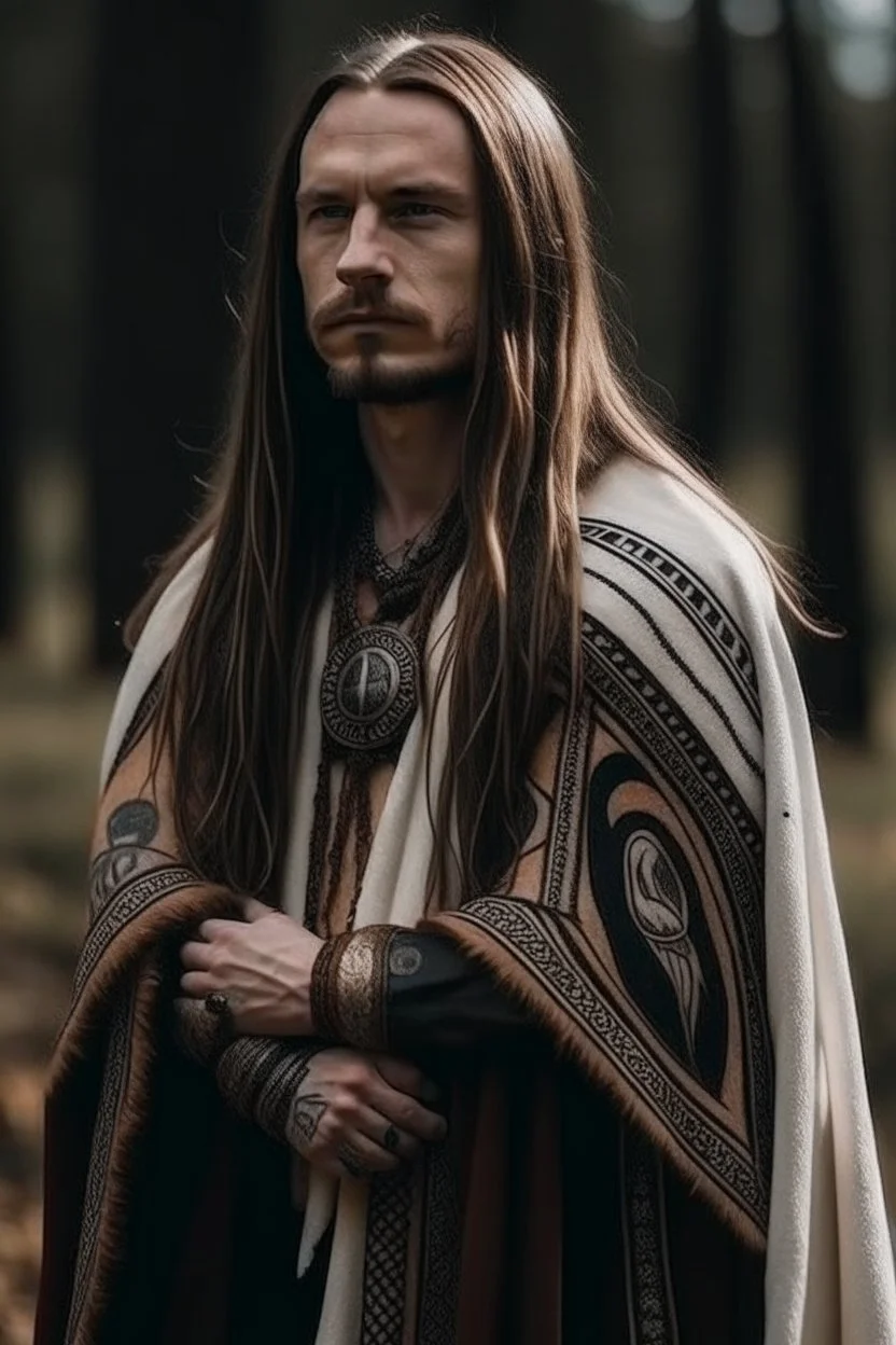 clean shaven long haired warrior with tribal tattoos and cloak