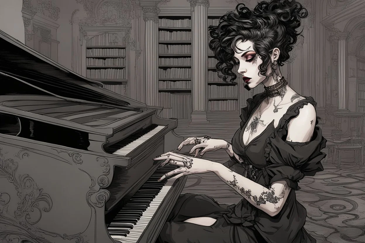 scarred cyberpunk vampire girl with tribal tattoos short curly cyberpunk hair playing piano in the library of a decaying gothic mansion at dawn