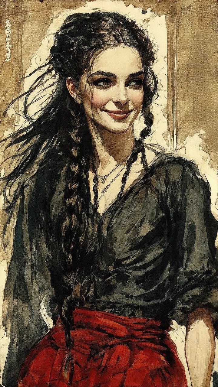 highly detailed, full body ink wash and watercolor painting, petite, shyly smiling, woman of Spanish and Lebanese heritage with long dark hair in a single braid, sharply defined angular facial features, anatomic perfection, by Andrea Kowch> <Yoji Shinkawa><Arthur Rackham> <Jean-Giraud Moebius, saturated vibrant natural color tones, precisely drawn and inked, 8k resolution