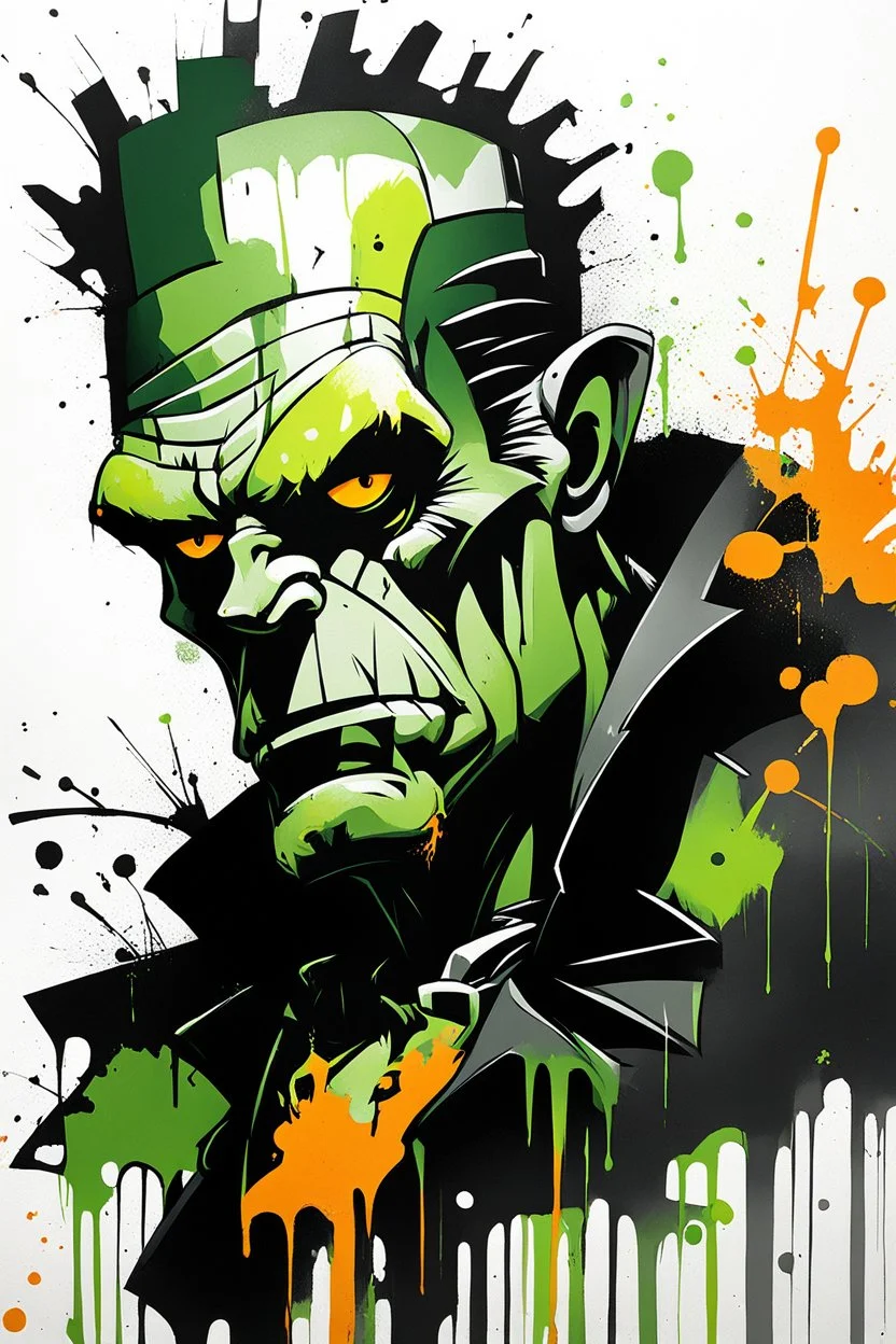 graffiti art of cartoon Frankenstein monster, elaborate acrylic spray paint by Yoji shinkawa + nick Edwards style with bold brushstrokes, romantic, glazing, orange, green, yellow, white