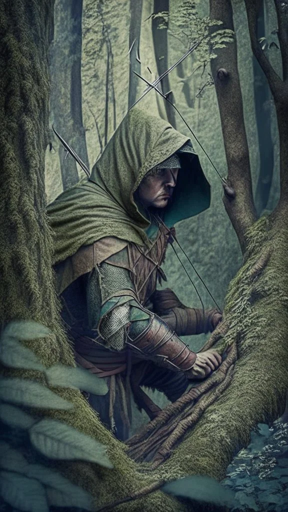 medieval archer, hiding in the woods