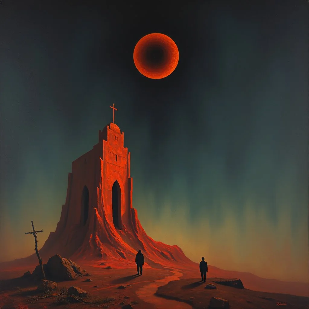 gnostic Fever Dream, matte oil painting, Surreal horror style by Zdzislaw Beksinski, abstract geometries by Tracey Adams, madness in escrow, night fever, unsettling, juxtaposition of the uncanny and the banal, solar eclipse