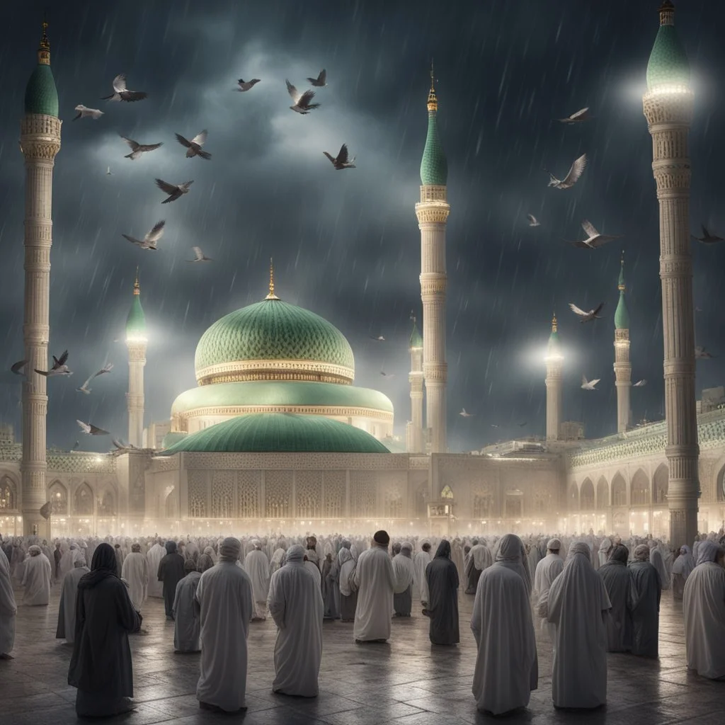 Hyper Realistic lots of people praying outside Masjid-E-Nabwi Madina at beautiful cloudy rainy night with birds flying showing dramatic lighting & cinematic ambiance