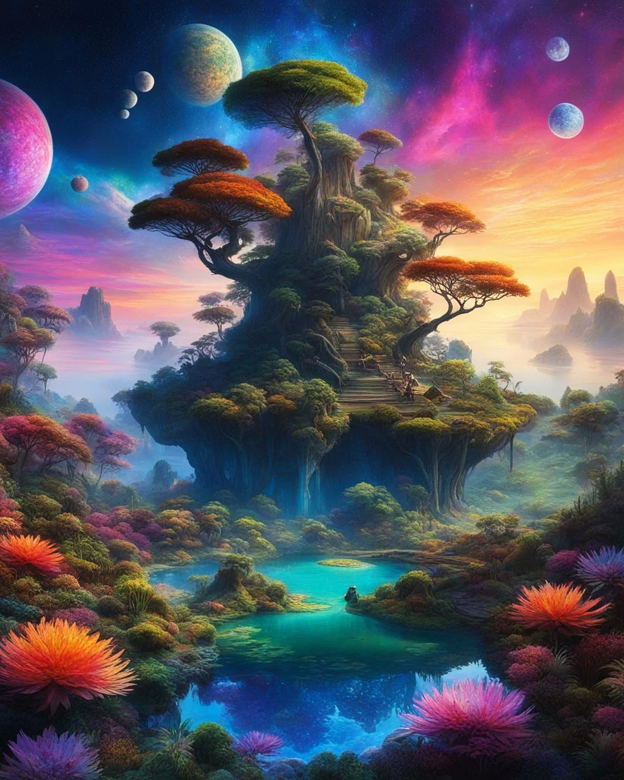 Psychedelic featuring a vibrant ecosystem thriving on a floating island with enhanced fantastical elements such as glowing flora, exotic creatures, and perhaps elements of advanced or magical technology integrated into the landscape.