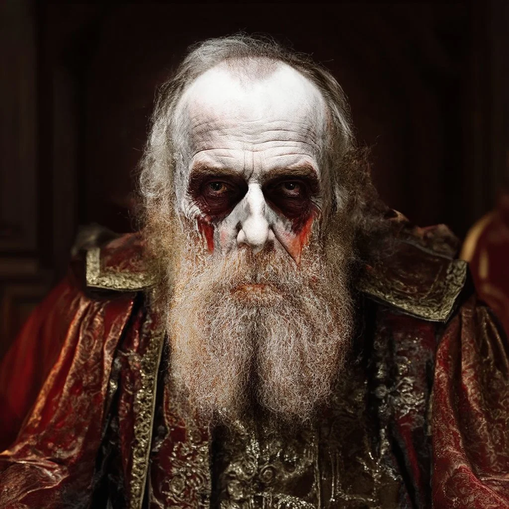 very grainy discolored modern photo, closeup portrait, dark ancient hall with no lights, grunge, extremely old male with chalk-white skin wearing old dashing and opulent gilded clothes, threatening, imposing, ventru